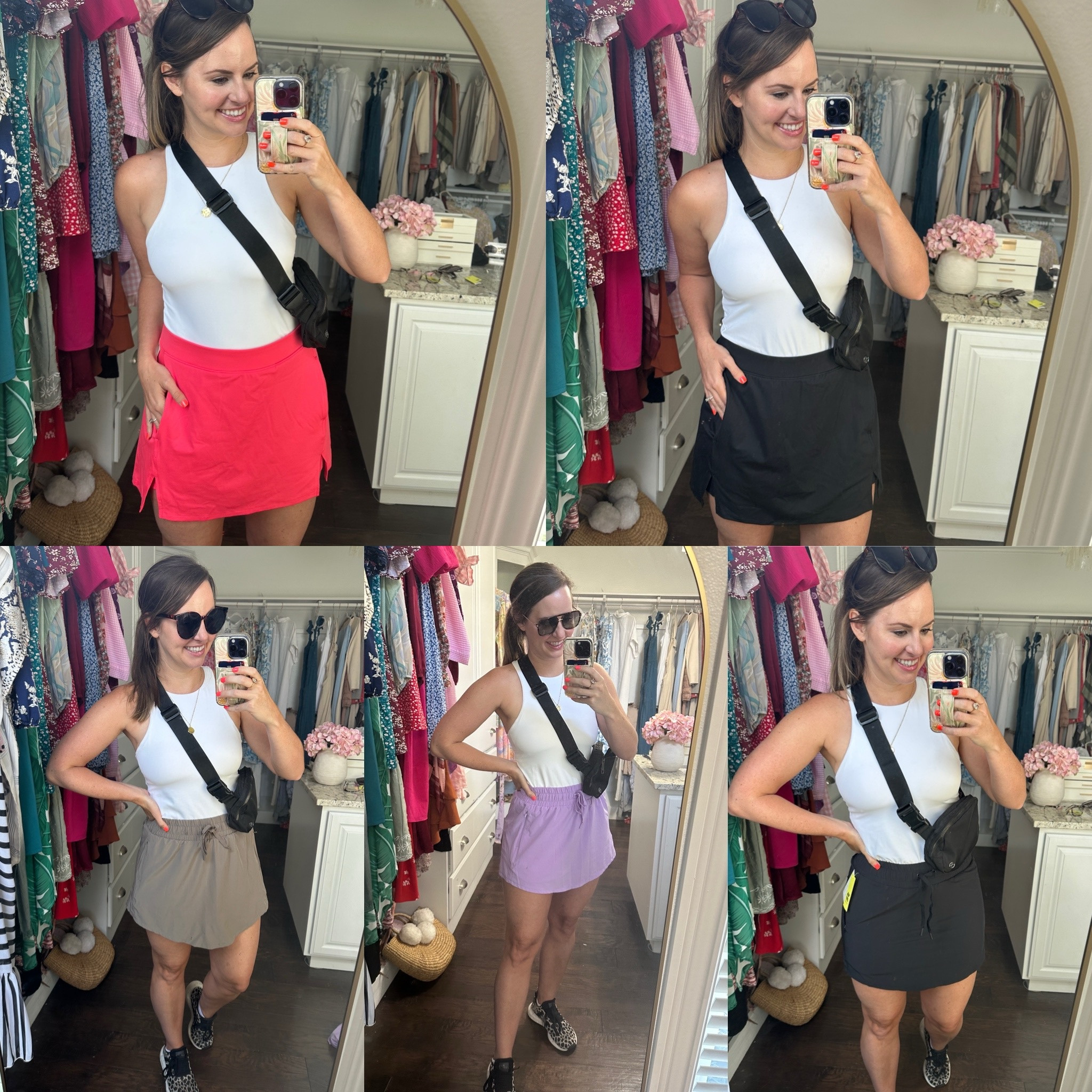 Target haul! The cutest active skorts (skirt with built in bike shorts underneath) paired with a high neck tank top I’m loving! Wearing size M in both. Paired it with Amazon accessories: sunglasses, black belt bag, leopard adidas sneakers & gold dainty necklace. 