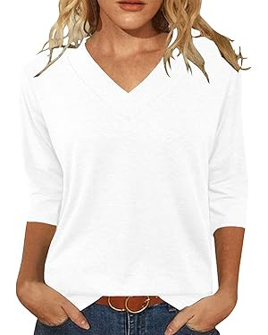 JomeDesign Womens Tops 3/4 Length Sleeve Summer V Neck Shirts Casual Tunic Tops 2025 | Amazon (US)