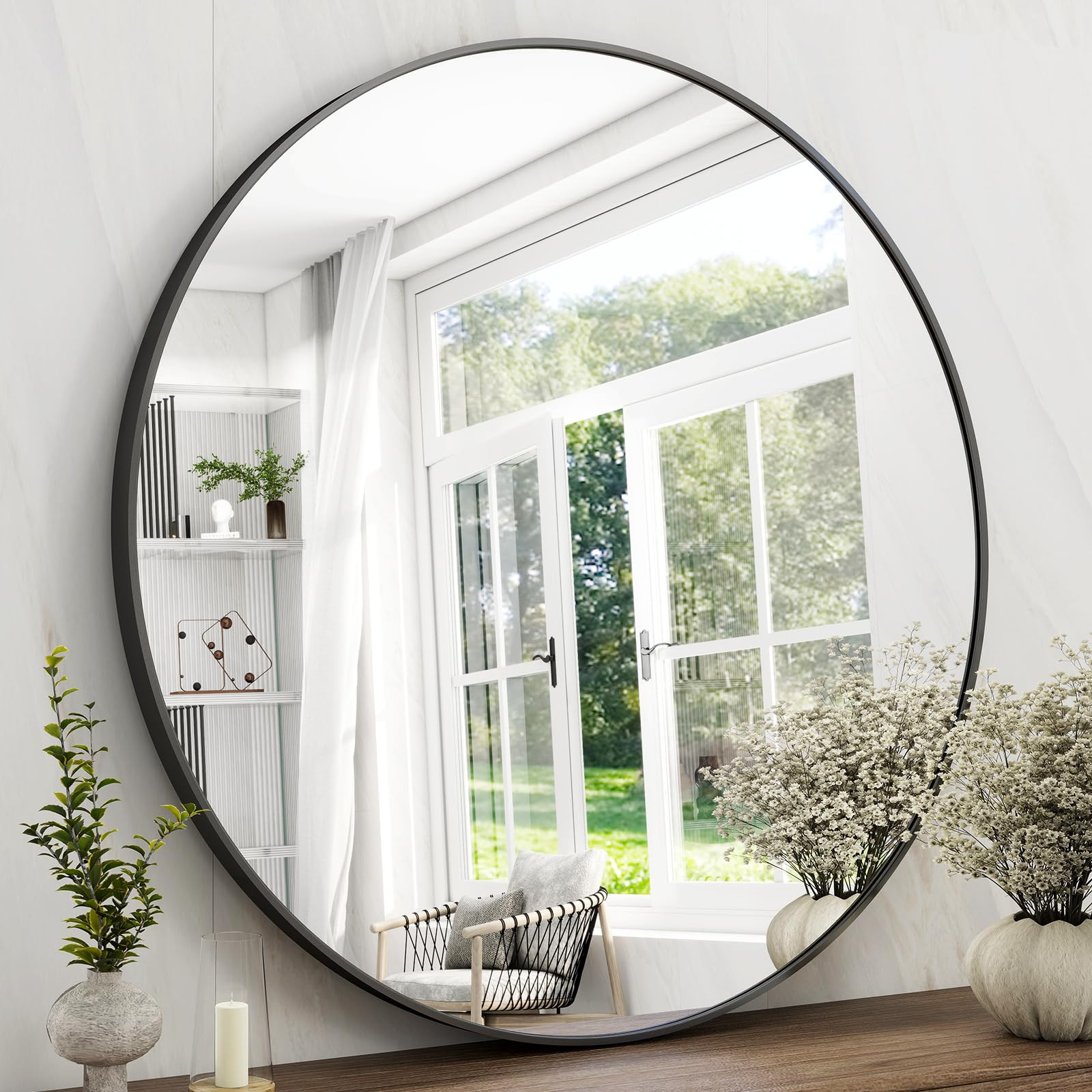 42 Inch Round Bathroom Mirror - Black Wall Mounted Circle Mirror with Metal Frame, Modern Round H... | Amazon (US)