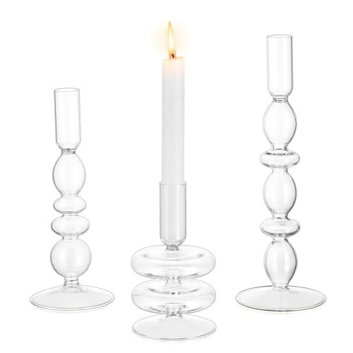 Glasseam Glass Candle Stick Holder: Clear Taper Candle Holders Set of 3, Modern Candlestick Holders for Taper Candles, Decorative Candle Holder for Table Centerpiece Wedding Party Christmas Decoration | Amazon (US)