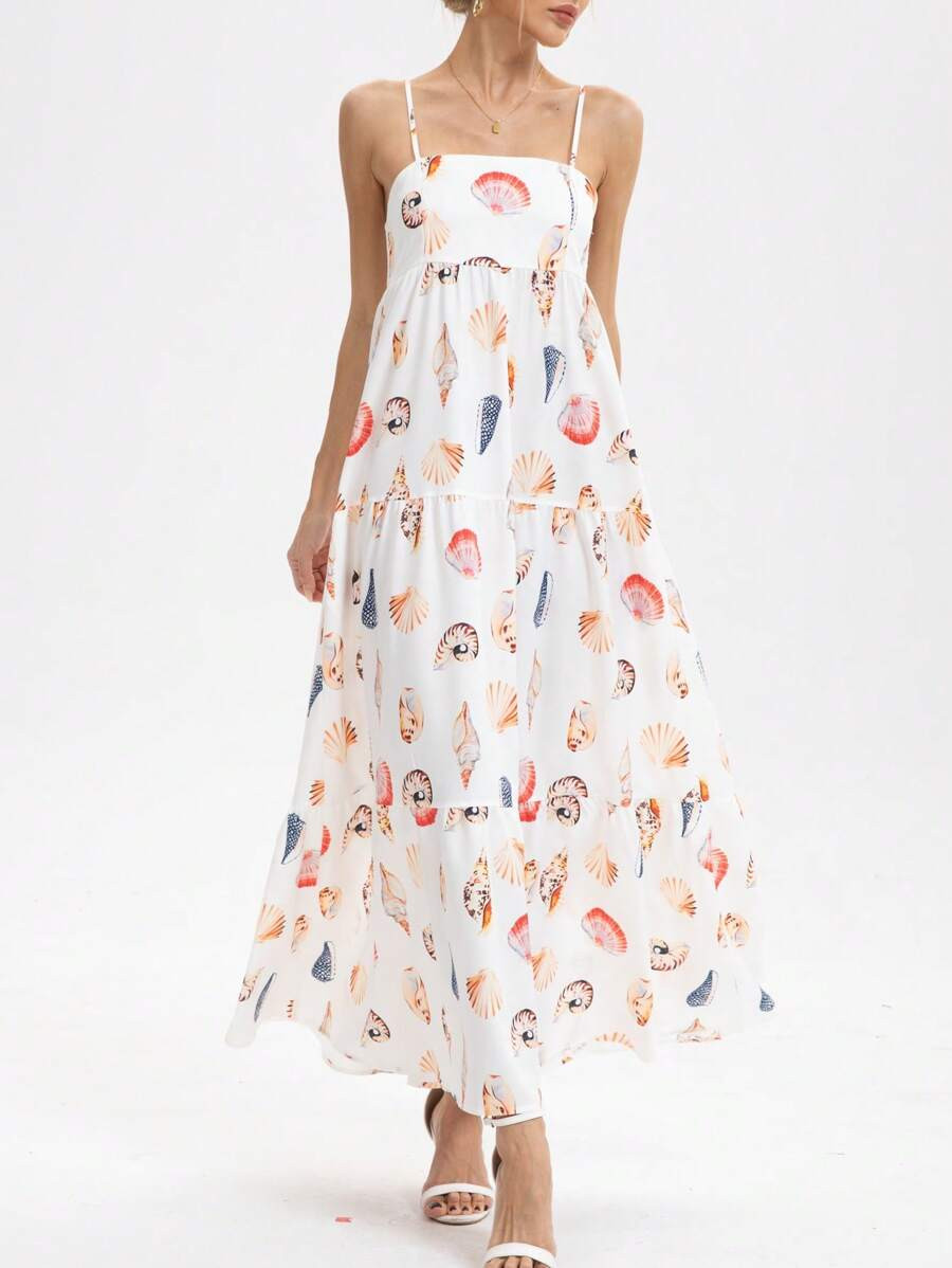 New Arrival Spring/Summer Sleeveless Layered Shell & Seashell Print Pocket Loose Dress | SHEIN