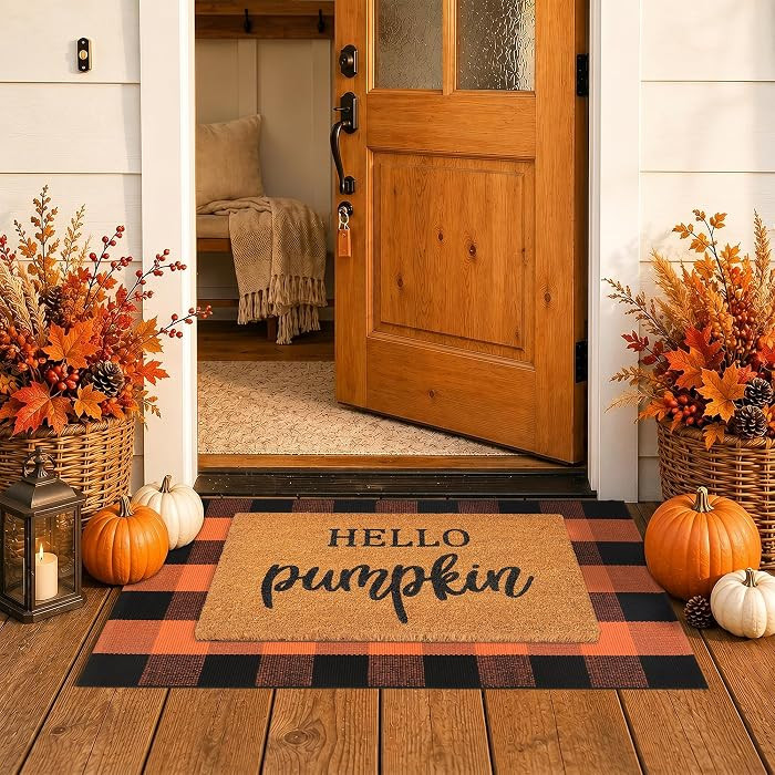 Fall Decor Door Mat Combo Set, 100% Coco Coir Welcome Mat + 28 x 43 Inches Orange and Black Plaid... | Amazon (US)