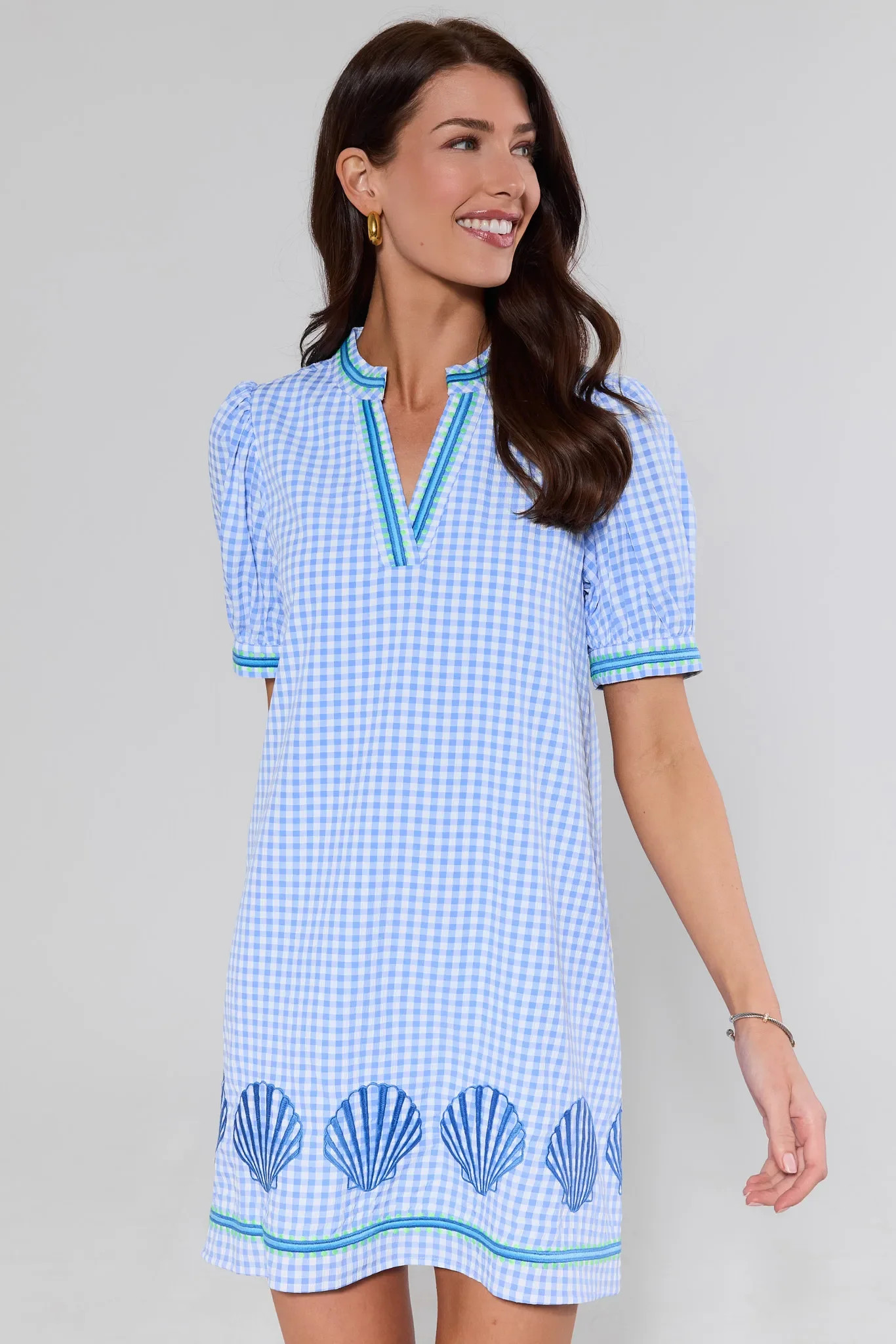 Mckay Gingham Embroidered Short Dress | Avara