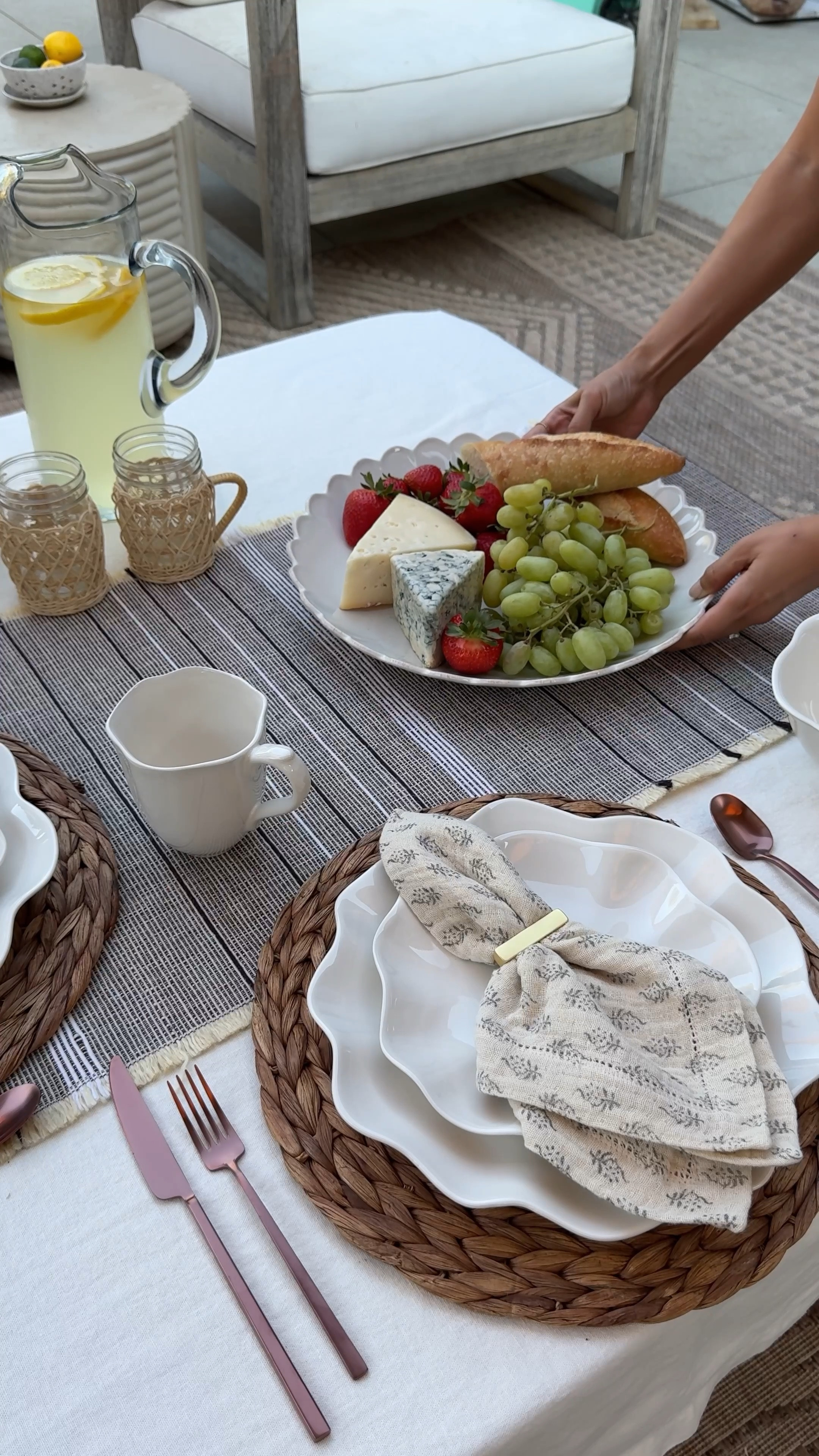 This new collection with Babs & Birch Lane is so beautiful! It instantly elevates any tablescape. I am in love with the scallop detail on all the pieces - just stunning. You can use this for so many different holidays or even if you want to throw a fancy picnic. I also loved pairing them with the copper flatware. The color is so pretty.

#MyBirchLane #BirchLanePartner #birchlane #babsxbirchlane #brunchwithbabs @BirchLane

White plates, table, setting, copper, silverware, tiered, stand, cake, plate, platter, 