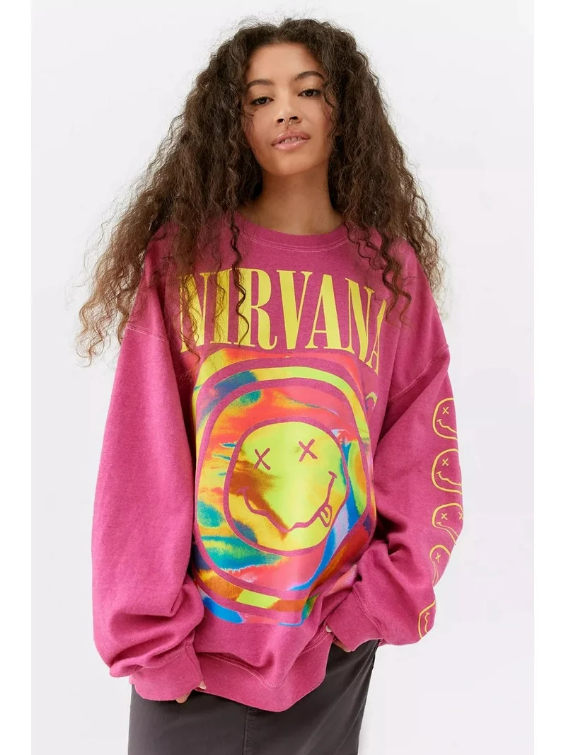 Urban Outfitters Women's Pink Oversized Sweatshirt Spiral Smile Face Crewneck Top (Small/Medium, ... | Walmart (US)