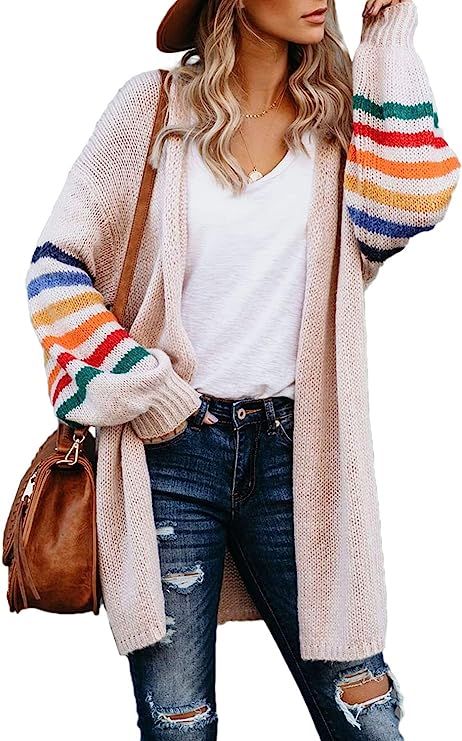 Asvivid Color Block Striped Open Front Long Cardigans for Women Comfy Knit Sweater Coat Outwear | Amazon (US)