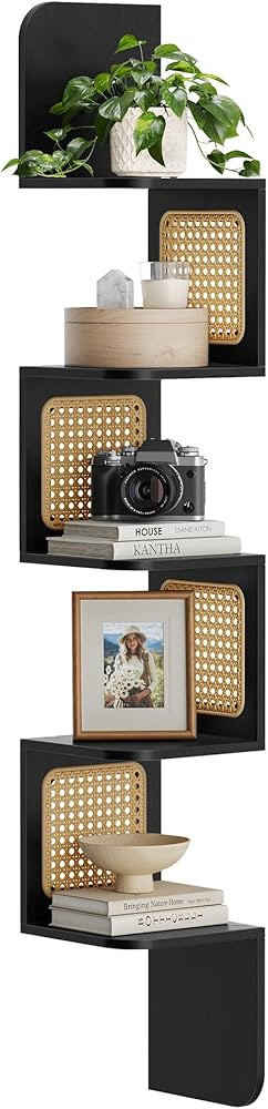 VASAGLE 5-Tier Corner Shelf, Wall Mounted Floating Shelf, Zigzag Corner Shelf Unit, PVC Rattan Si... | Amazon (US)