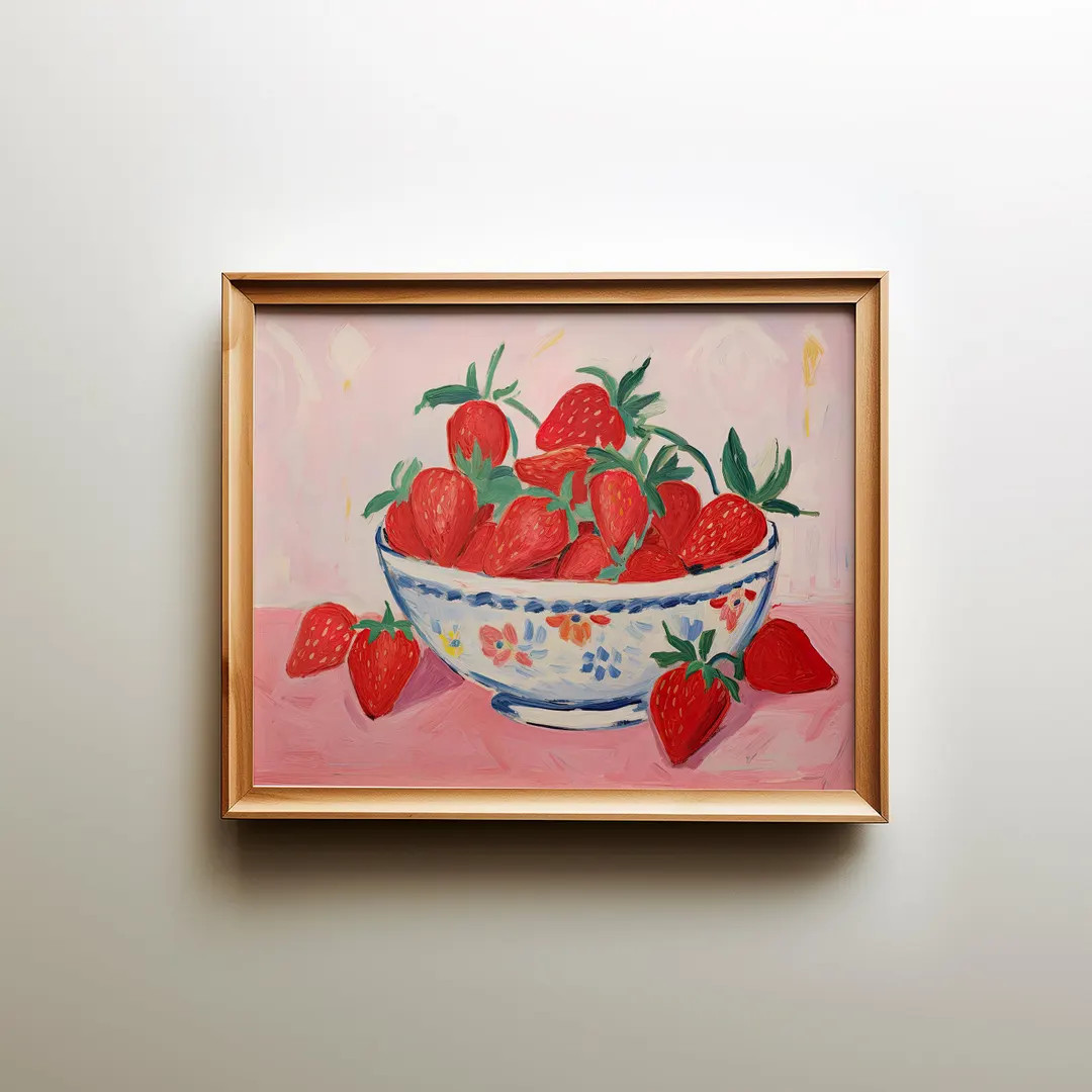 Strawberry Still Life Print, Pink Kitchen Art, Fruit Bowl (Digital Download) | Etsy (US)