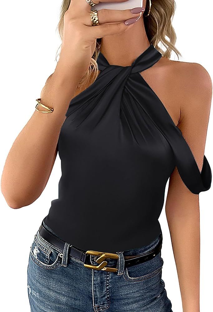 Kate Kasin Women's Satin Tank Tops Sleeveless Keyhole Solid Elegant Blouse Dressy Casual Summer 2... | Amazon (US)