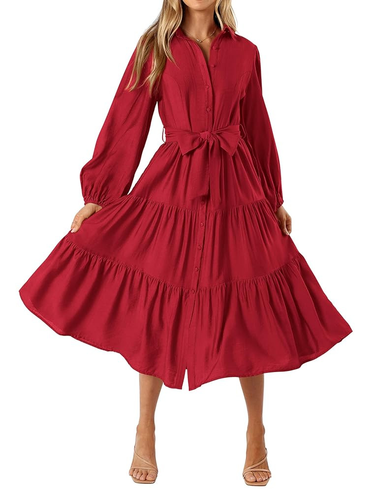 MASCOMODA Womens Dresses 2025 Fall Long Sleeve Midi Dress Casual V Neck Button Down Tiered Flowy ... | Amazon (US)