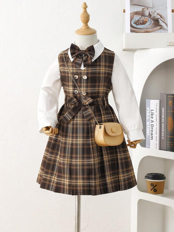 2pcs Girls' Spring/Autumn School Style Bowknot Shirt And Pleated Dress | SHEIN