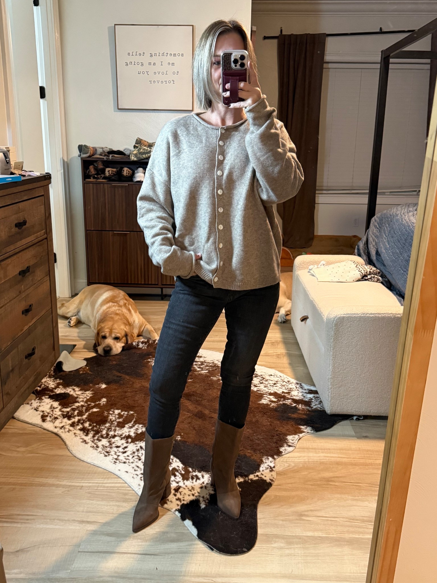 Cardigan size small
Jeans size 26 
Boots TTS
Could have sized down in the jeans so if between sizes go down 

#LTKStyleTip #LTKOver40 #LTKPetite