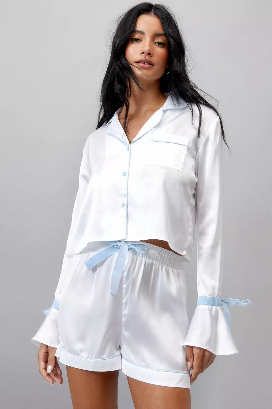 Satin Contrast Velvet Tie Cuff Pajama Shirt And Short Set | Nasty Gal (US)