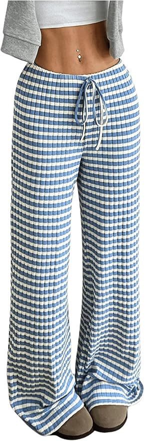 Women's Striped Pants Knit Lounge Pants Wide Leg Baggy Sweatpants Comfy Pajama Bottom | Amazon (US)