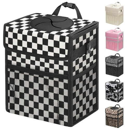Capolo Car Trash Can with Lid, Leakproof Car Trash Bag Hanging Waterproof Automotive Garbage Can with Storage Pockets Mini Vehicle Trash Bin for Back/Front Seat(Black Checkerboard,2.5 Gallon) | Amazon (US)