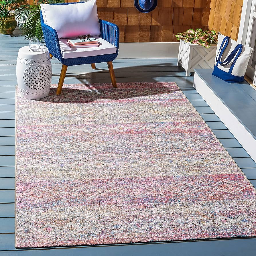 SAFAVIEH Summer Collection 5'3' x 7'6' Ivory / Pink SMR498A Boho Indoor/ Outdoor Non-Shedding Eas... | Amazon (US)