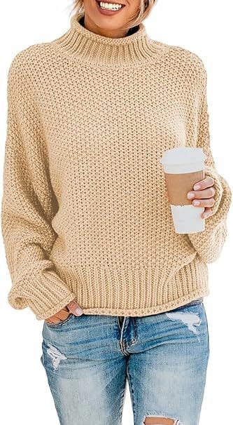BLENCOT Womens Turtleneck Pullover Sweaters Batwing Long Sleeve Loose Chunky Knitted Jumpers Tops | Amazon (US)