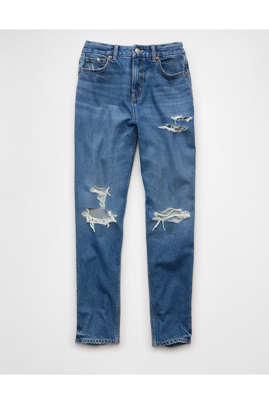 AE Strigid Curvy Ripped Mom Jean Women's Medium Tinted Indigo 20 Regular | American Eagle Outfitters (US & CA)