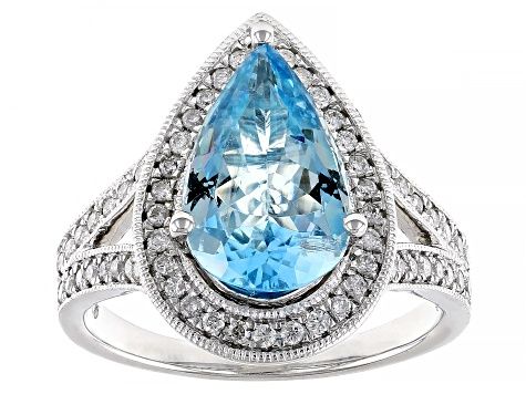 Aquamarine And Round White Diamond 14k White Gold Halo Ring 3.25ctw - PAC607 | JTV Jewelry
