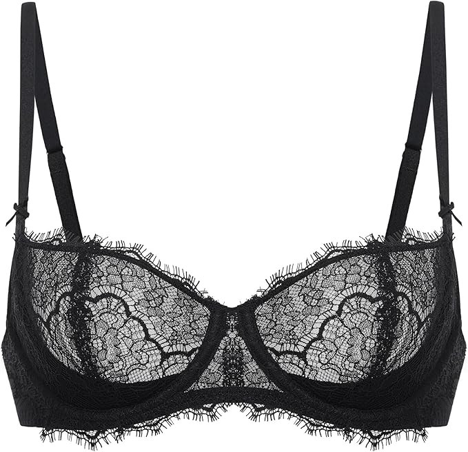 DOBREVA Women's Balconette Sexy Unlined Bra Lace Push Up Plus Size Bras See Through Underwire | Amazon (US)