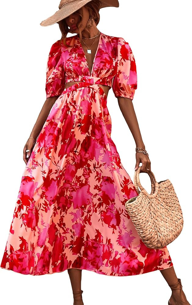 Floerns Women's Cut Out Tie Back Short Sleeve Scoop Neck Floral Print Midi Dress | Amazon (US)