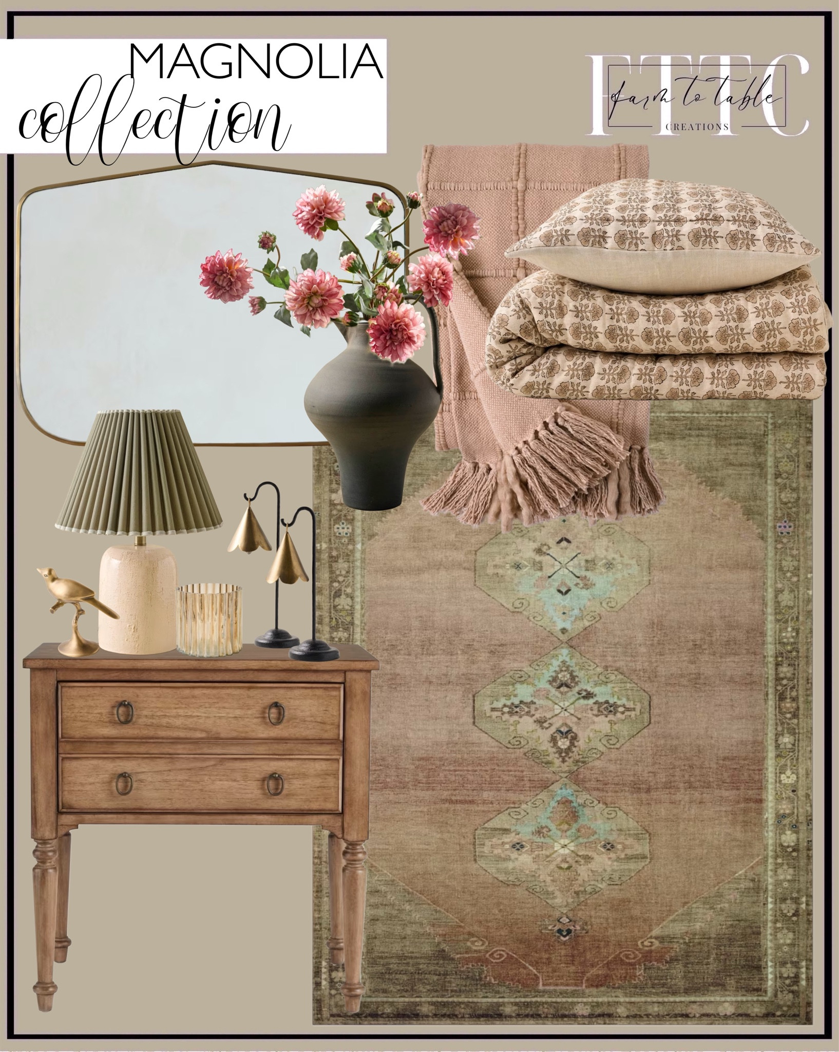 Magnolia Collection. Follow @farmtotablecreations on Instagram for more inspiration.

Sinclair Clay Tobacco Rug. Flora Block Print Quilt. Corinne Nightstand. Farrah Table Lamp. Mariel Scalloped Bells. Dorian Brass Mantle Mirror. Ravine Black ceramic jug. Alexandria Ribbed Glass Hurricane. Oatmeal Windowpane Throw. Brass Bird. Dahlia Bloom Bundle. 

Living Room | Dining Room | Dining Room Artwork | Bathroom Finds | Bedroom Finds | Bedroom Furniture | nightstands | Home Decor| Fireplace Decor | Spring Refresh |  Bedroom Finds | Neutral Stems | Spring Stems | Bookshelf Decor | Bedroom Space | Cozy  Corner | Bathroom | Curated Entryway | Spring  Decor | End of Year Clearance | Trending Decor | Viral Decor  | Coffee Table Decor | Neutral Decor | Fall Stem Sale | Target Finds | Skinny Bench | Bedroom | Living Room | Breakfast Nook | Amazon Home | Target Sale | Loloi Rugs | Magnolia Home | console table | console table styling | faux stems | entryway space | front porch decor | neutral decor | entryway decor | cozy home | affordable decor |  home decor | home inspiration | console styling | entryway rug | cozy moody home | moody home decor | neutral home | bathroom decor | living room | spring decor | Hearth & Hand | Studio McGee | 2025 Home Trends | trending home | Crate&Barrel 




#LTKFindsUnder50 #LTKSaleAlert #LTKHome
