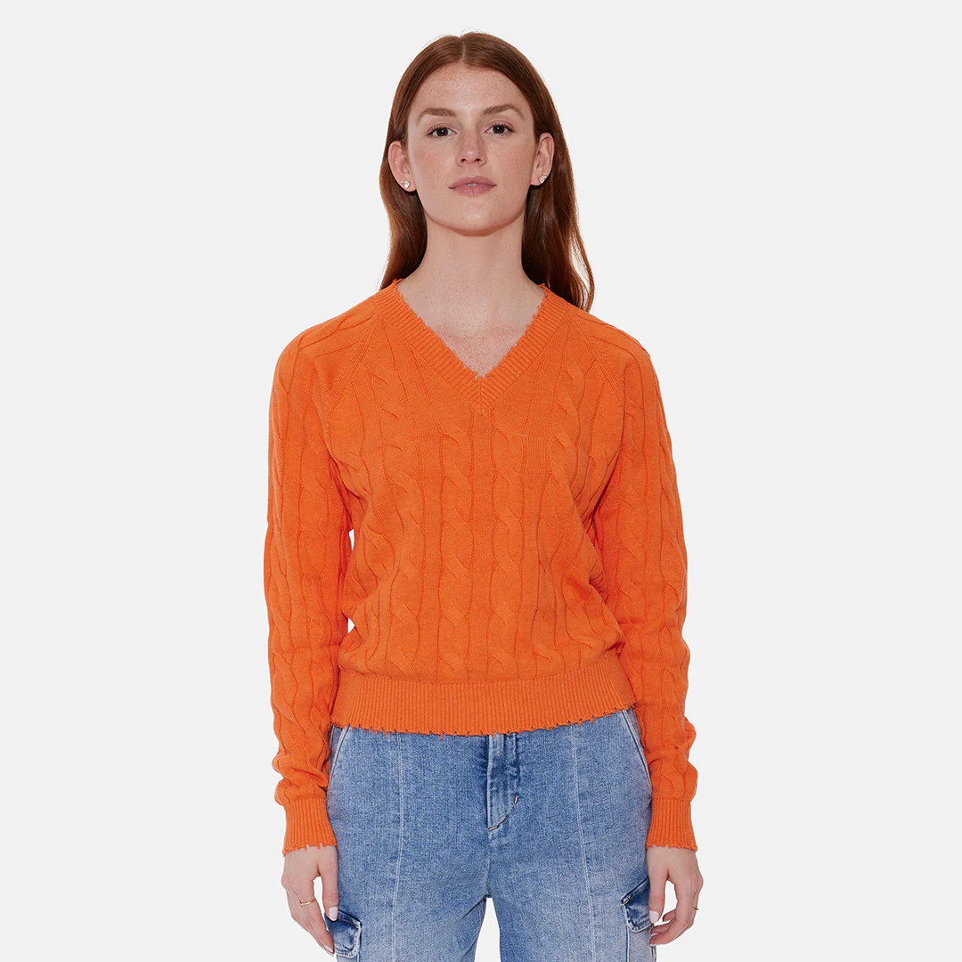 Amber Cable V Neck Sweater Bright Orange | Blue & Cream