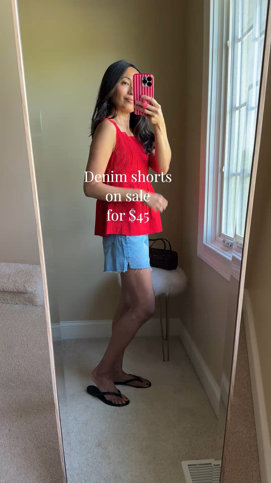 Favorite pieces for a summer outfit. 
- Feminine tank top in easy breezy cotton. Love this red. Also comes in white. True to size. 
- Denim shorts with a good length and comfy fit. I sized up. 
- Classic and chic leather thong sandals. Consider sizing up. 
- Woven bag with the perfect texture for the season. Mini size for everyday essentials. Comes in other colors too. 
- Sunglasses look and feel great. Other colors also available. 
- Gold cuff bangle bracelet. 
- Clean beauty makeup essentials.

#LTKootd #LTKOver40