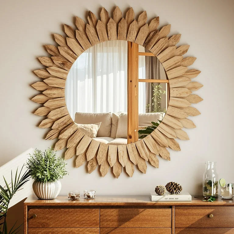 BEAUTYPEAK 24" Round Wood Sunburst Wall Mirror Vanity Mirror Wall Mounted, Light Brown | Walmart (US)