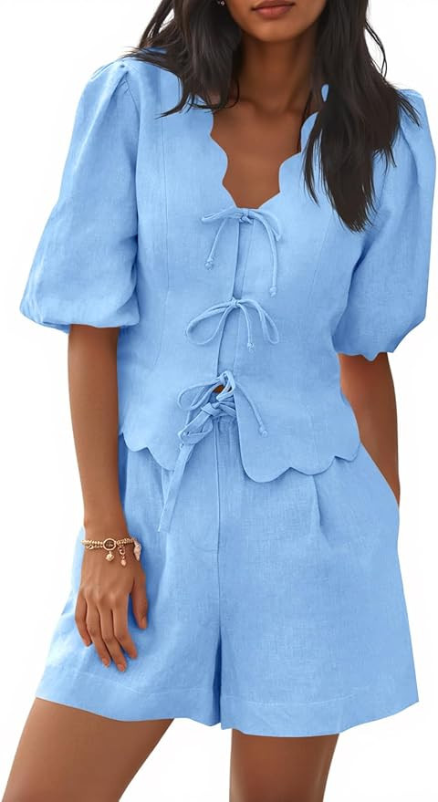 Cicy Bell Womens Summer 2 Piece Short Sets Puff Short Sleeve V Neck Bow Tie Front Tops Wide Leg S... | Amazon (US)