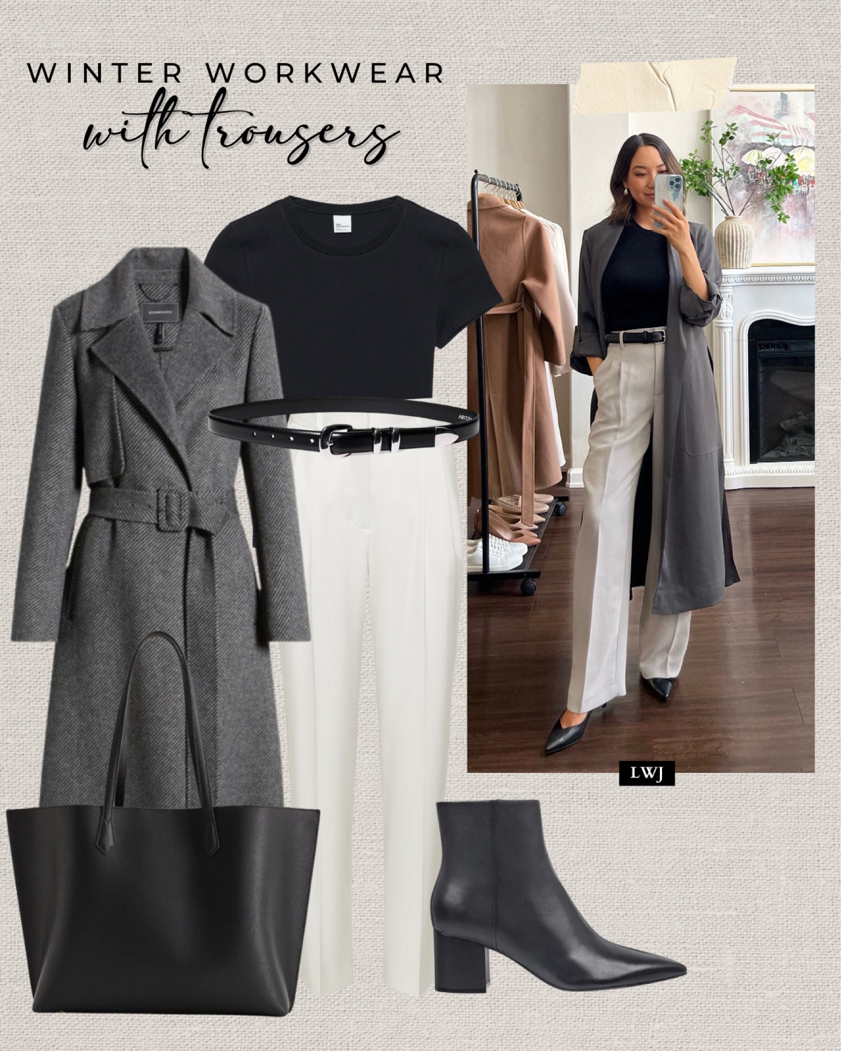 Winter workwear with trousers 

Aritzia effortless pants - linked to the Abercrombie wide leg pants as a similar style 
Black fitted tee 
Gray coat - linked to thicker styles for winter 

#LTKWorkwear #LTKSeasonal