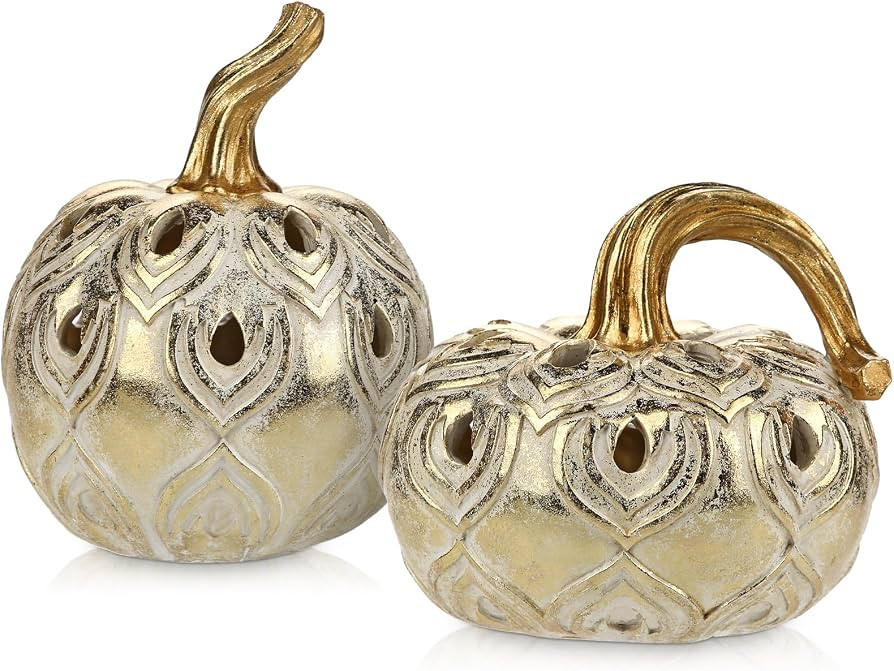 Hollyone Fall Pumpkin Decor 2 PCS Champagne Gold Resin Pumpkins Figurines Fake Pumpkins Faux Pump... | Amazon (US)