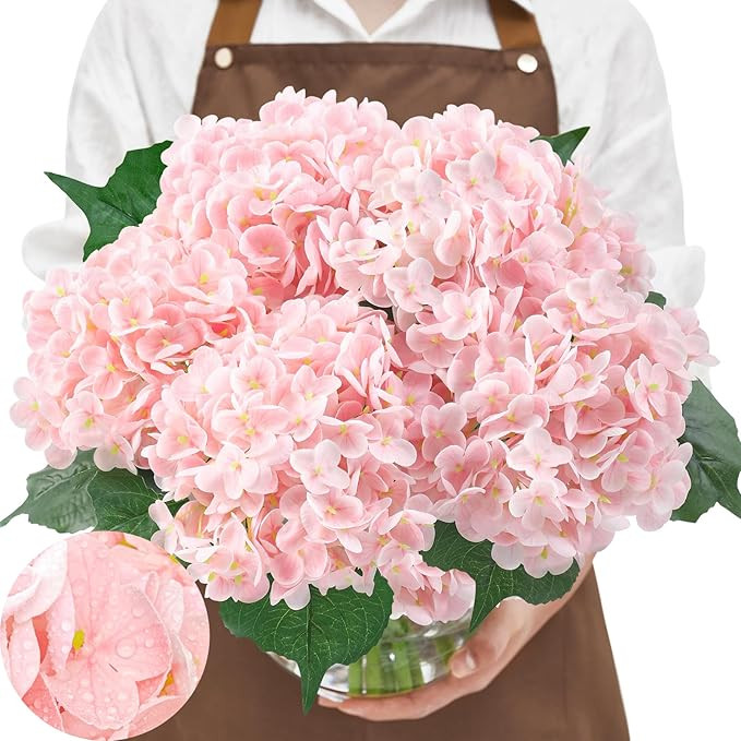 Serwalin 𝟱𝙋𝘾𝙎 3D Real Touch Hydrangea Artificial Flowers, 20in Lifelike Pink Latex Fa... | Amazon (US)
