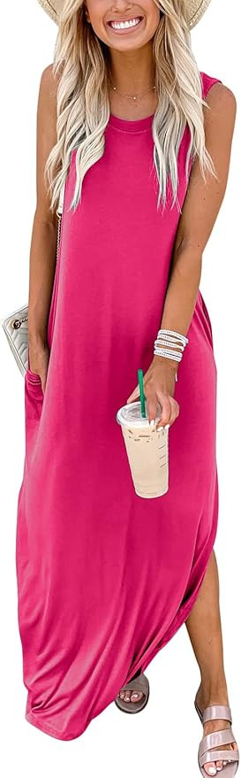 Prinbara Women's Casual Loose Summer Long Dress Sleeveless Split Beach Maxi Dresses with Pockets | Amazon (US)