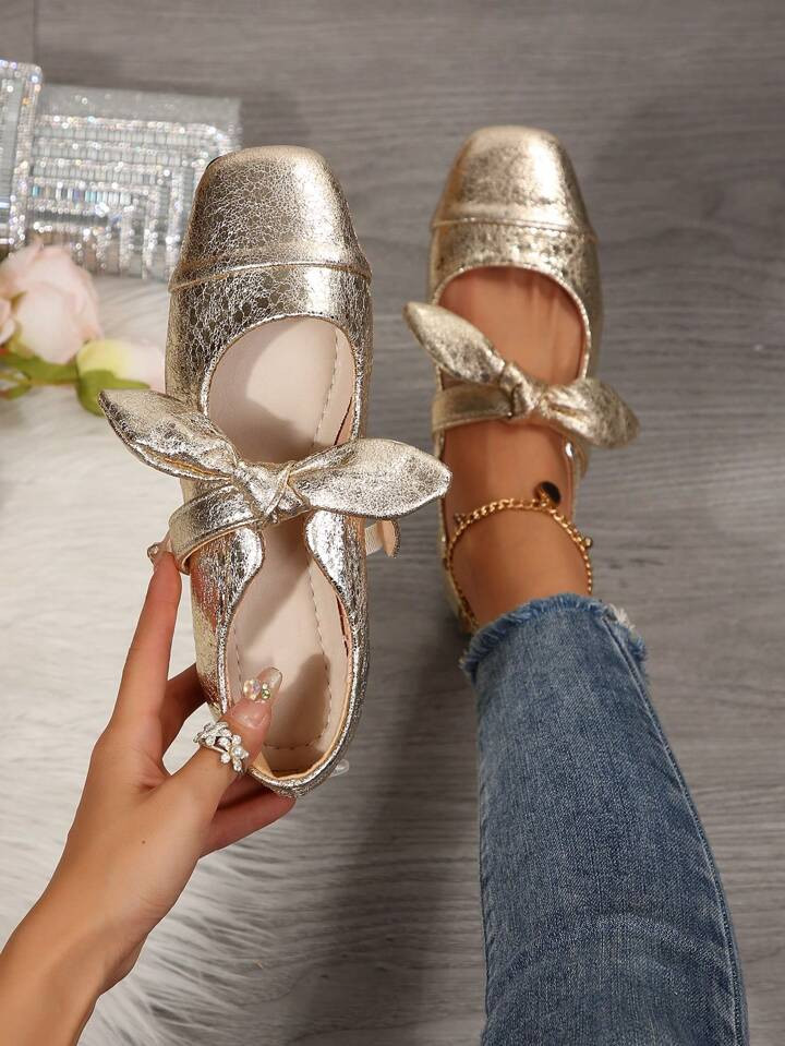 Spring Summer New Shallow Mouth Bow French Style Soft Leather Square Toe Low-Heeled Shoes | SHEIN