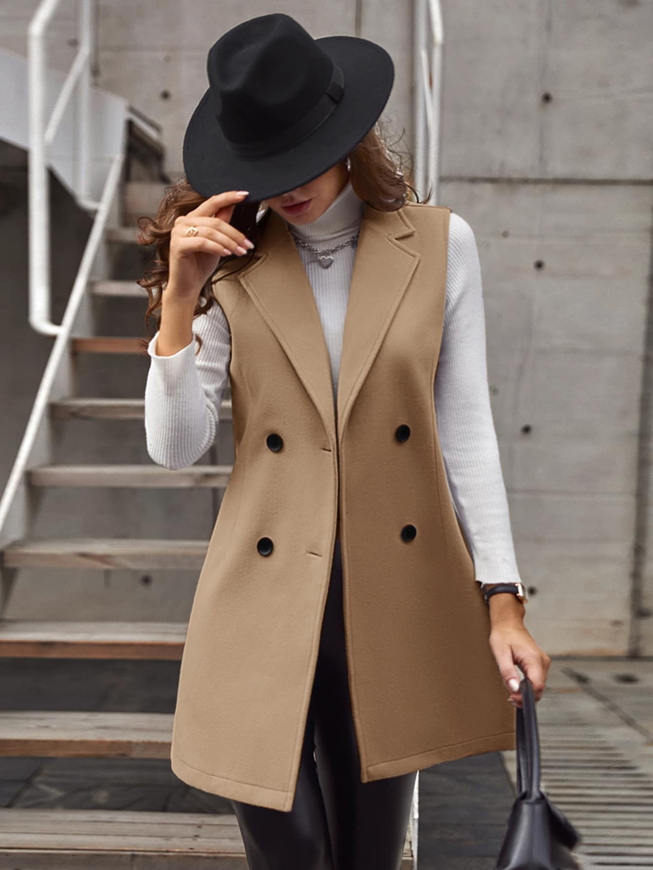 Double-breasted Lapel Neck Sleeveless Coat | SHEIN