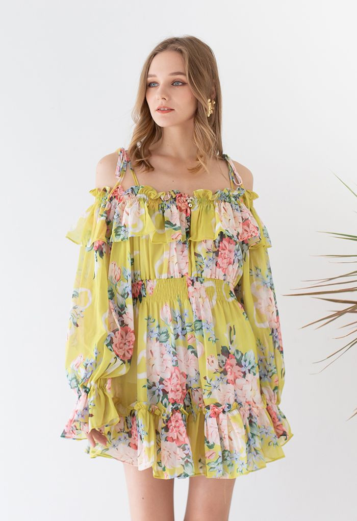Flowery Ruffle Cold-Shoulder Chiffon Playsuit in Yellow | Chicwish