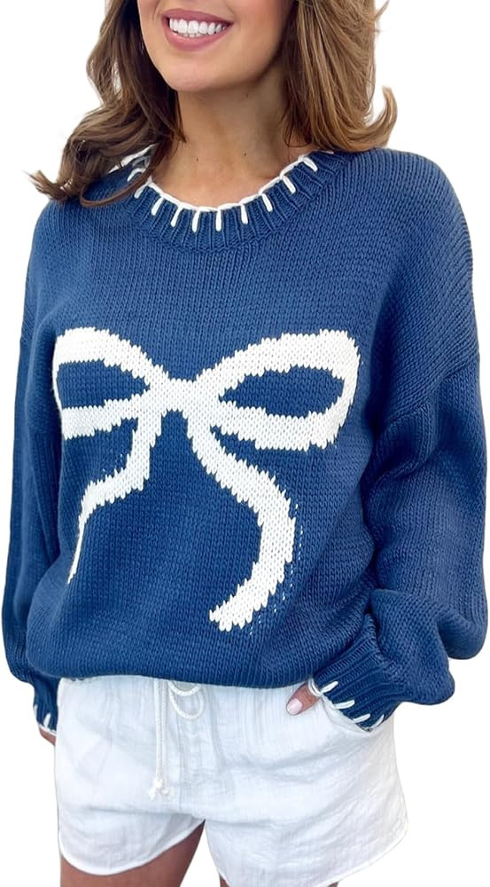 Women Cute Bow Sweater Long Sleeve Bow Front Knitted Pullover Oversized Jumper Ribbed Knitwear Y2... | Amazon (US)