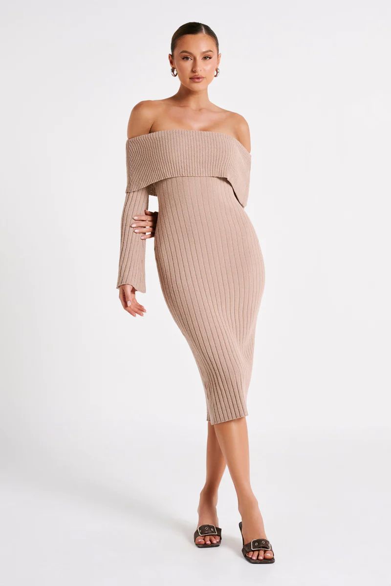 Stefania Off Shoulder Knit Dress - Taupe | MESHKI US