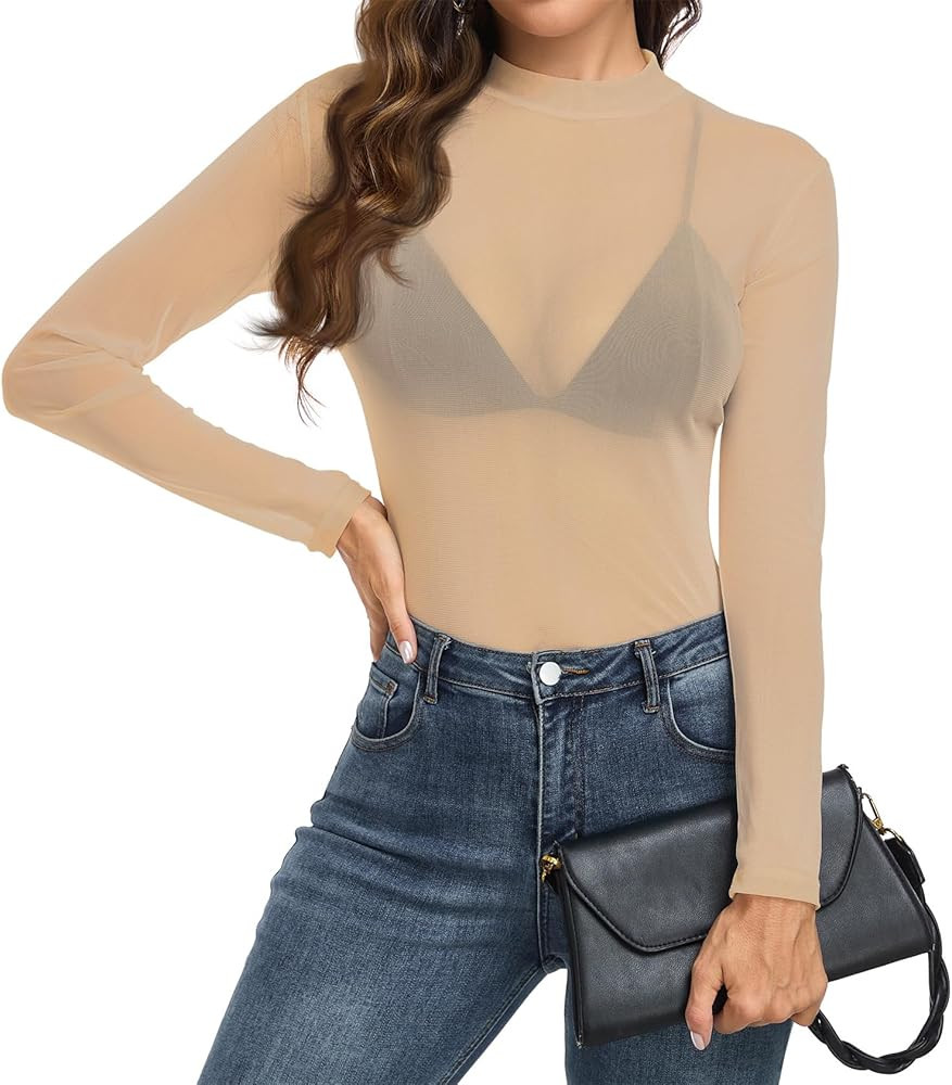 Women Mesh Tops Mock Neck Sheer Shirt Long Sleeves T-Shirt Clubwear Party Sexy Tees | Amazon (US)