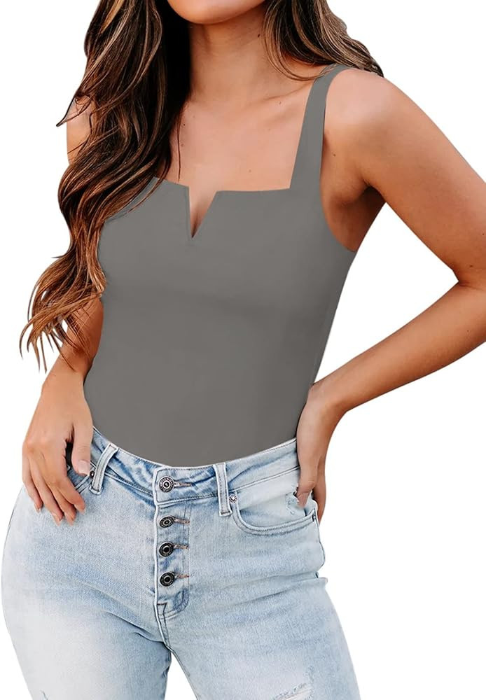 PINKMSTYLE Womens Square V Neck Tank Tops Cute Slim Double Lined Seamless Sleeveless Tops Summer ... | Amazon (US)