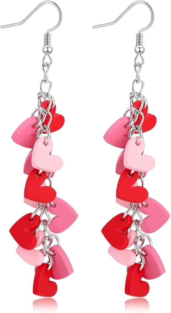 Valentine's Day Earrings for Women - Pink and Red Heart Long Dangle Clay Jewelry, Valentines Day ... | Amazon (US)