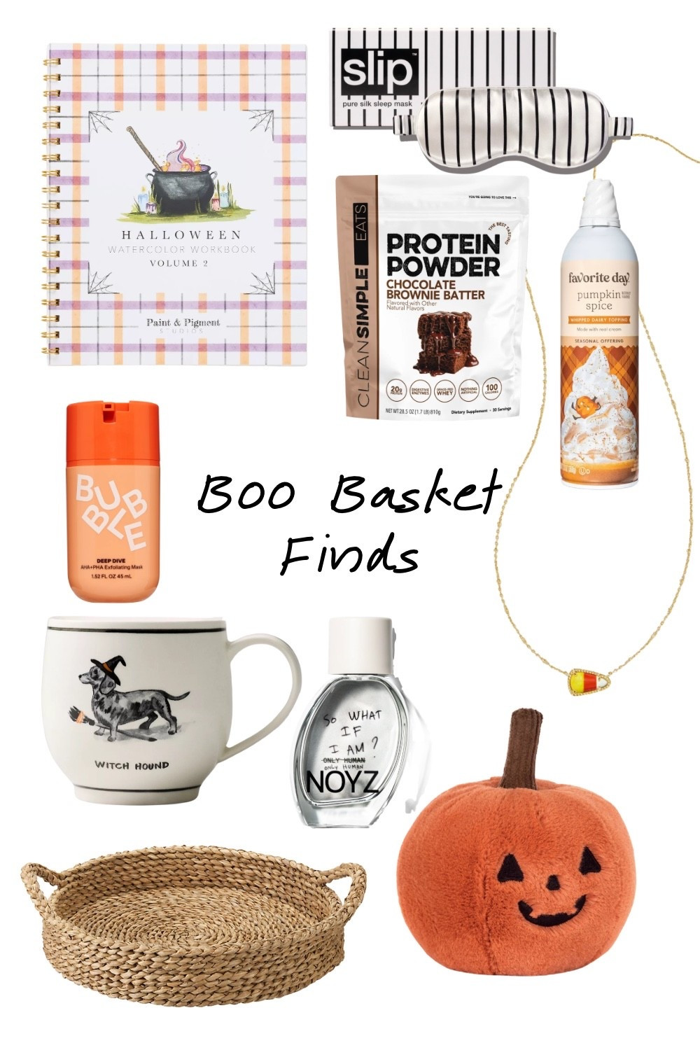 Boo basket ideas on a round woven seagrass tray. The witch hound mug is the standout, a dachshund on a broomstick, and it works as fall decor after Halloween. Halloween watercolor workbook from Paint and Pigment Studios if she likes to paint. Slip pure silk sleep mask in black and white stripe, Bubble Deep Dive AHA PHA exfoliating mask, and a candy corn pendant necklace for easy stocking stuffers. Pumpkin spice whipped topping and Clean Simple Eats chocolate brownie batter protein powder for the snack side. Plush jack o lantern to fill the empty space. Good boo basket ideas for teens, roommates, or a fall gift basket for her.

#LTKSeasonal