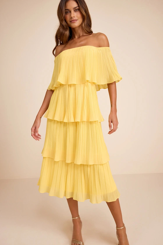 Gala Ready Yellow Off-the-Shoulder Ruffle Midi Dress | black tie gown | black tie optional  | Lulus