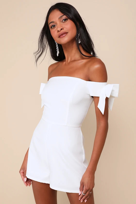 Ideally Sweet White Off-the-Shoulder Bow Romper | Lulus