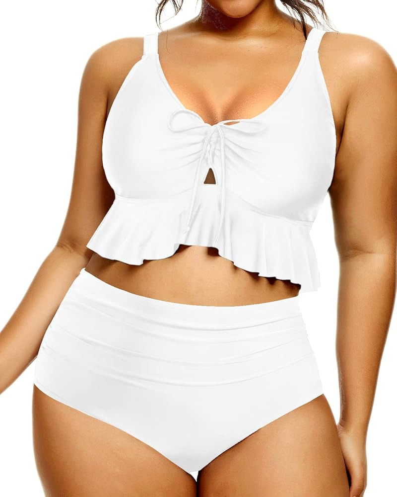 Daci Women Plus Size Two Piece Swimsuits High Waisted Bikini Set Ruffle Flounce Tummy Control Bat... | Amazon (US)