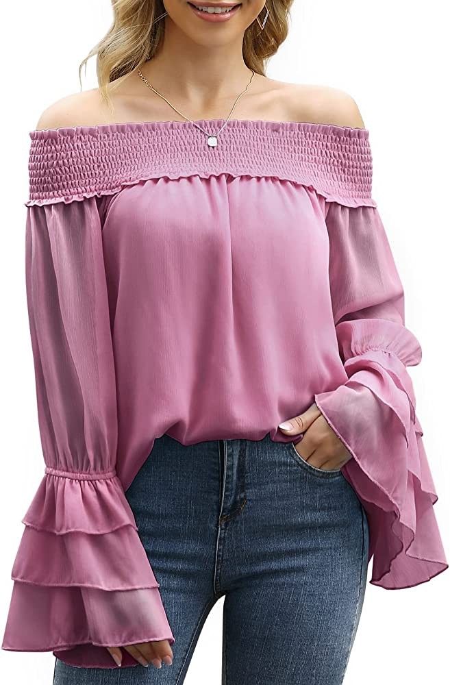 KOJOOIN Women Summer Off Shoulder Tops Long Bell Sleeve Shirts Chiffon Cute Ruffle Casual Loose B... | Amazon (US)