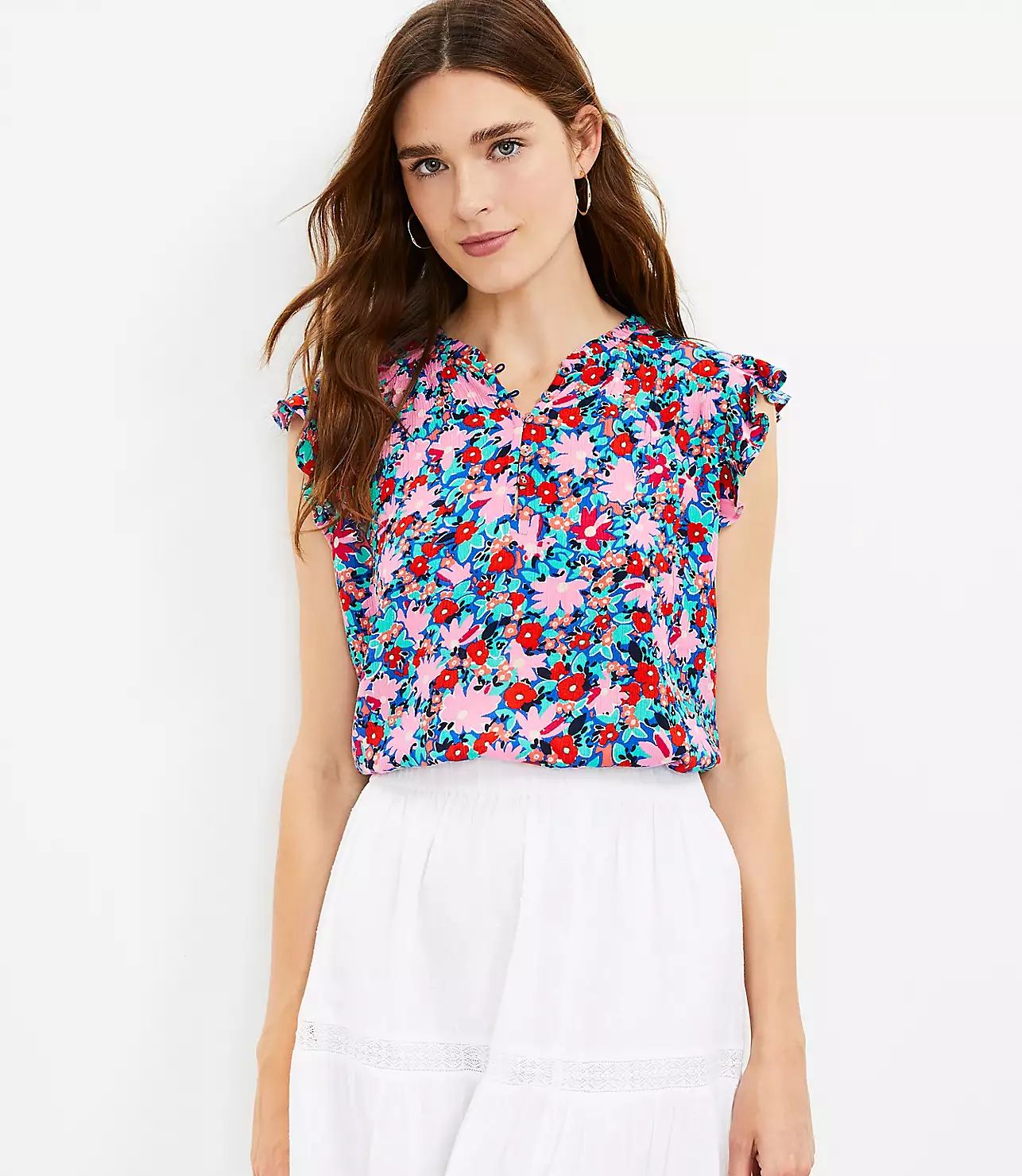 Daisy Ruffle Button Mixed Media Top | LOFT