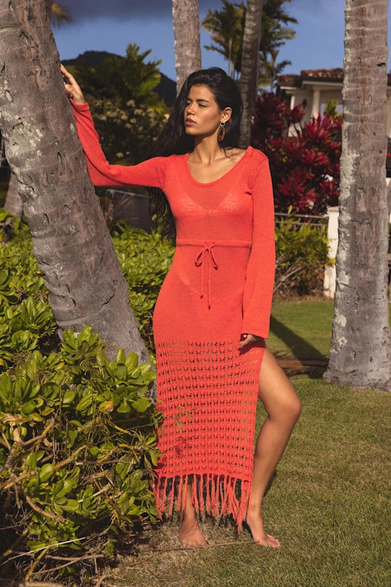 Lokelani Bright Red Crochet Fringe Long Sleeve Swim Cover-Up | Lulus