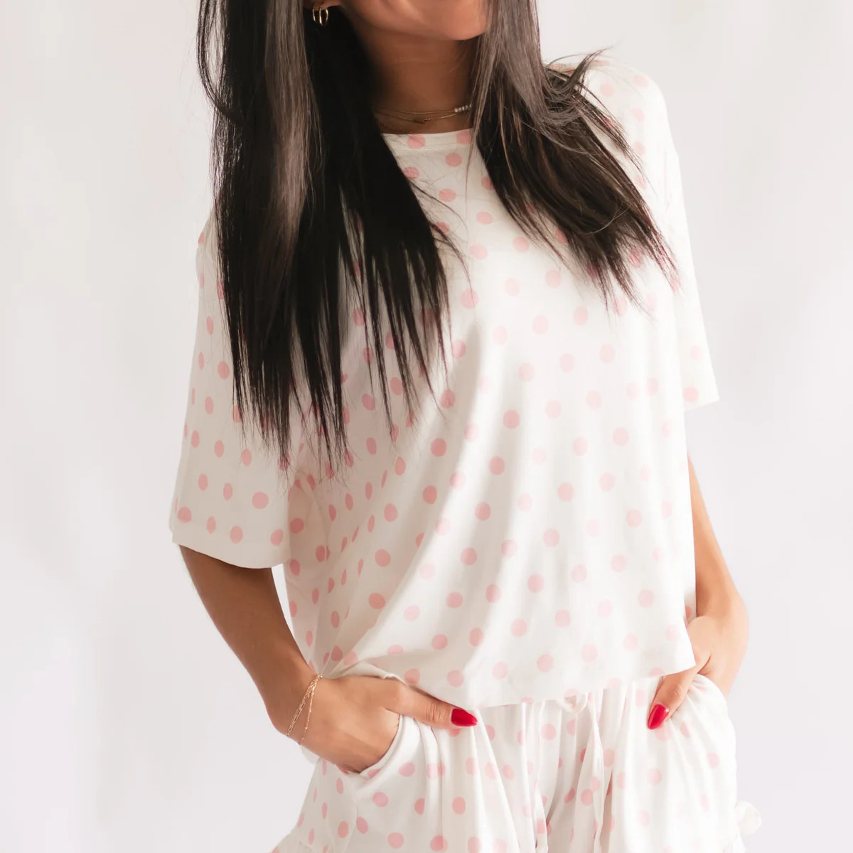 Women's Ruffle Short Set in White & Pink Polka Dot | Silks Design